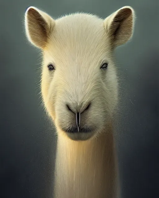 Image similar to complete and delicate portrait of a white capybara, beautiful, agile, fairy, myth, legend, detailed, trending on artstatioin, light effects, kilian eng, john harris, bastien lecouffe - deharme