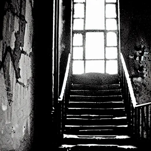 Image similar to grainy photograph of a dark and dilapidated staircase with 2 1 savage sitting on the bottom step, positioned at the bottom step looking up the staircase, a ghost inn the darkness at the top of the stairs