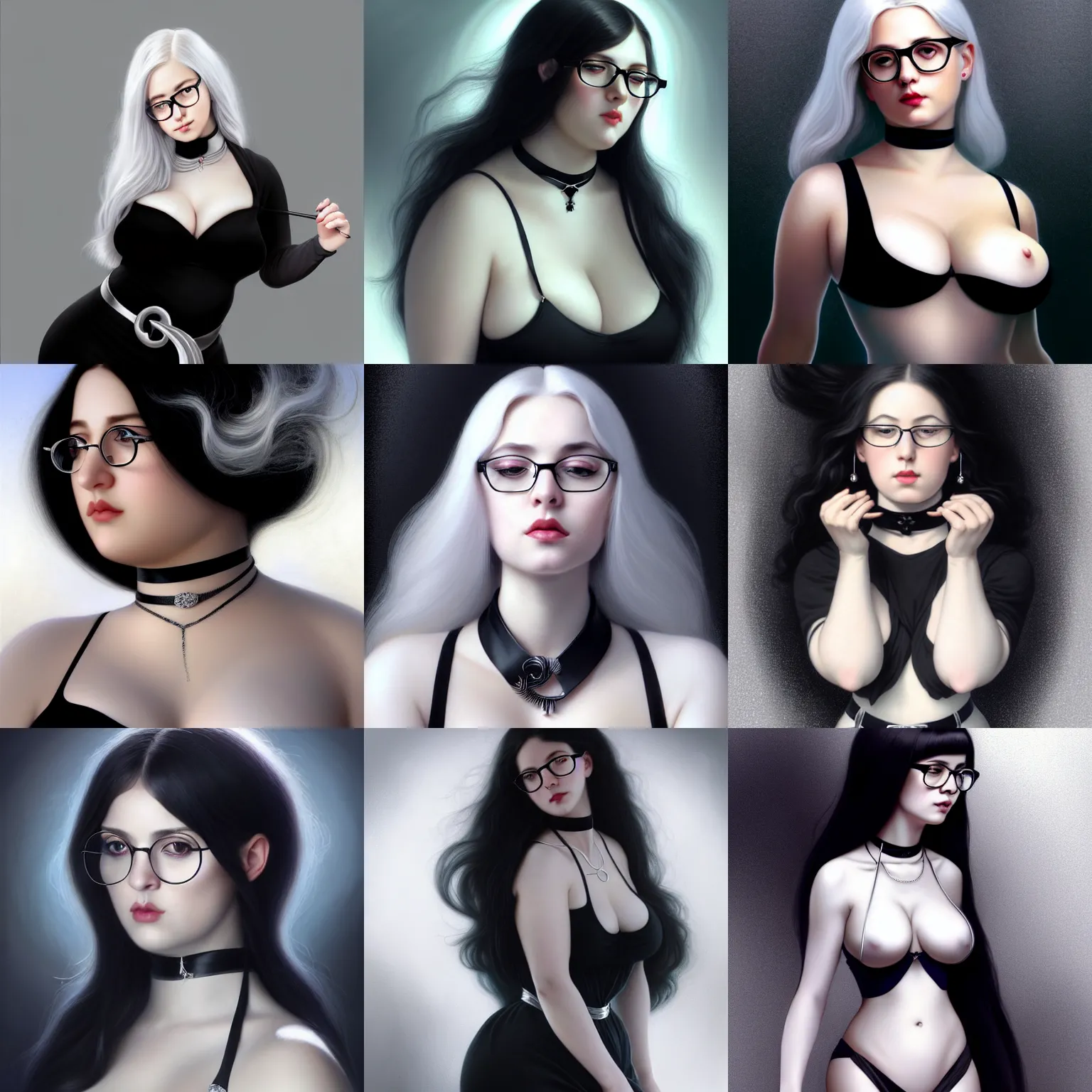 Prompt: beautiful female, thick body type, long white hair, glasses, black dress with belt around waist, silver earrings, silver jewellery, black choker, highly detailed, digital painting, matte, particles, dark background, smooth, sharp focus, art by artgerm, bouguereau, chiaroscuro, tom bagshaw, anna dittman, octane render, medium long shot