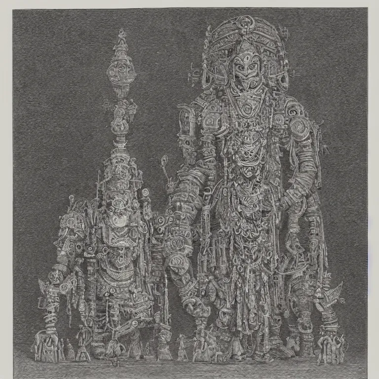 Prompt: A detailed engraving of a giant hindu robot god in the style of gustave dore