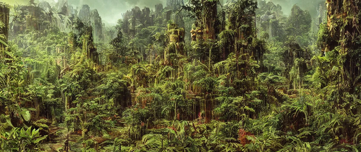 Image similar to matte painting of lost city overgrown with plants, vincent di fate, masterpiece,