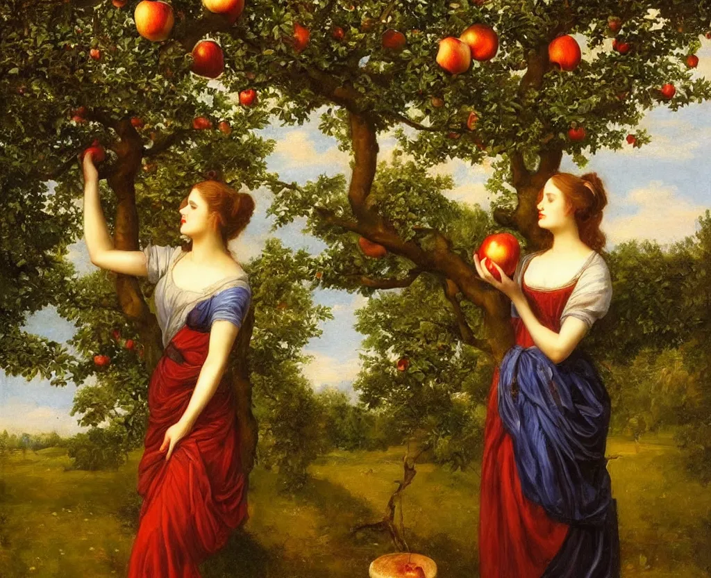 Prompt: Beautiful woman stands on the side of a lonely apple tree facing the camera holds apple in hand, classical painting, realism, morning sun