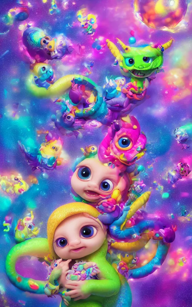 Image similar to a cute baby dragon, big eyes, pixar animation style, soft fur, by jeff koons, by lisa frank, octane render, by takashi murakami, toy, glitter, sparkly, colorful, spectral color, 5 d, ultra - hd, happy, good, mini, volumetric lighting