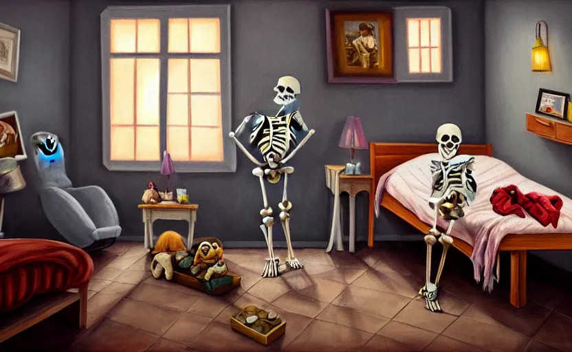 Image similar to matte oil painting of a clothed skeleton dressed in pajama robes and nightcaps and slippers inside of a dim bedroom that is full of furniture and toys, by tim jacobus, sleepy, cozy, warm
