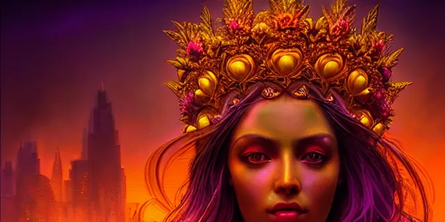 Prompt: Beautiful 3d render of the flower queen goddess in a sensual pose, atmospheric lighting, painted, intricate, volumetric lighting, beautiful, rich deep colours masterpiece, golden hour, sharp focus, ultra detailed, in the style of Dan Mumford and marc simonetti, with a crowded futuristic cyberpunk city in the background, astrophotgraphy