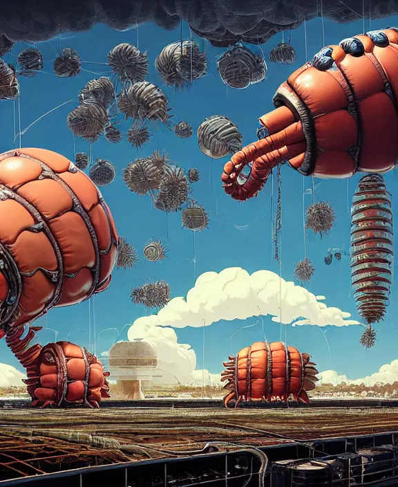 Image similar to inflated industrial plant made from obese isopod lobster octopus, in the style of puffy spaceship, giant botany, partly cloudy, spooky, dramatic lighting, by geof darrow, bill sienkiewicz, dan mumford, yusuke murata, makoto shinkai, ross tran, cinematic, unreal engine, cel shaded, featured on artstation, pixiv