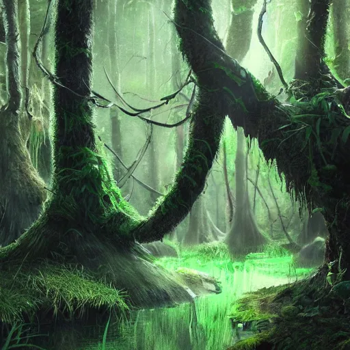 Image similar to [ [ mossy swamp ] ] : : [ disney animation ] : : fantasy, epic : : realistic lighting, shading, shadows : : glowing green : : [ [ biopunk art ] ] : : 8 k