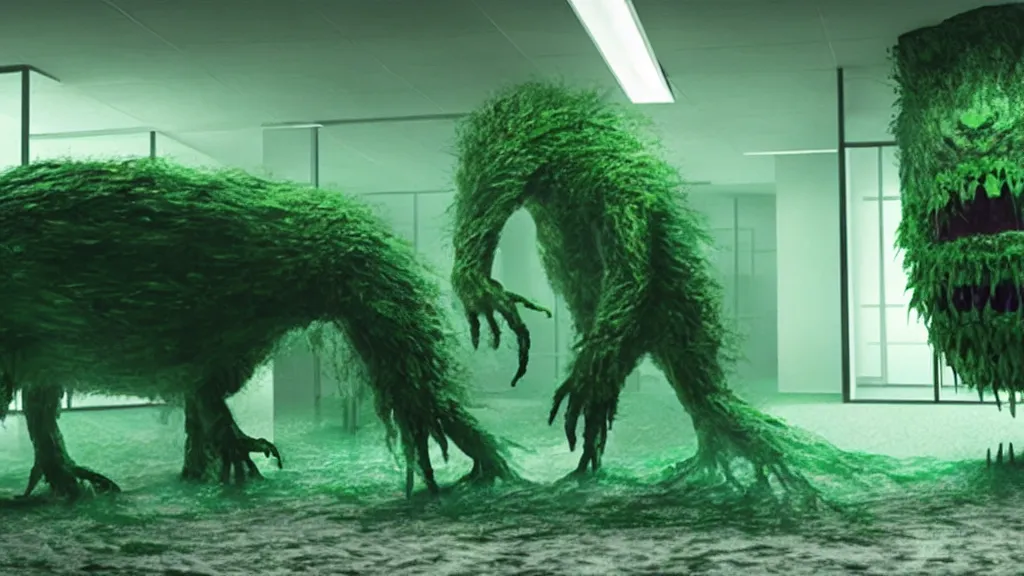 Prompt: the strange giant creature in the office, made of Chlorophyll and water, film still from the movie directed by Denis Villeneuve with art direction by Salvador Dalí