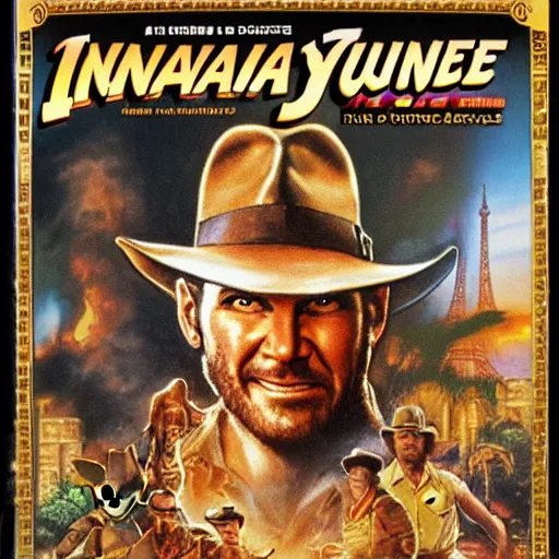 Image similar to video game box art of a commodore 6 4 game called indiana jones goes to paris, 4 k, highly detailed cover art.