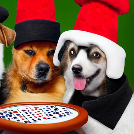 Prompt: Dogs playing poker wearing funny hats