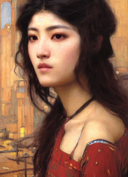 Image similar to beautifull asian cyborg broken head bangs curly Iranian orientalist portrait by john william waterhouse and Edwin Longsden Long and Theodore Ralli and Nasreddine Dinet, oil on canvas. Cinematic, hyper realism, dramatic lighting, high detail 4k