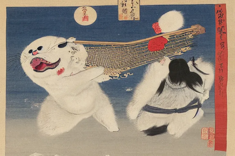 Prompt: baby harp seal as oni, Japanese painting, 1800