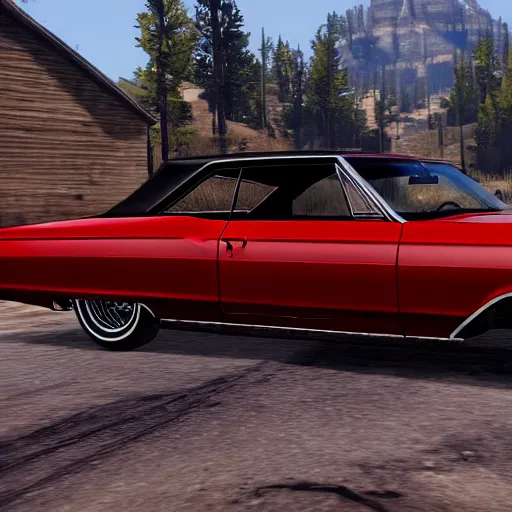 Prompt: 4 door 1 9 6 7 chevrolet impala painted black, in red dead redemption 2