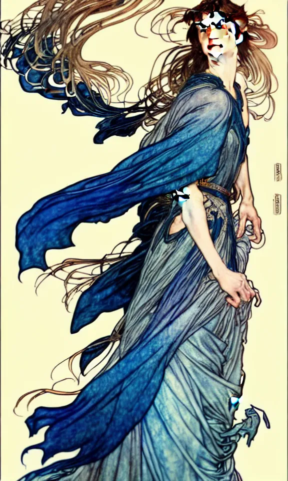 Image similar to in the style of artgerm, arthur rackham, alphonse mucha, phoebe tonkin, symmetrical eyes, symmetrical face, flowing blue skirt, full entire body, hair blowing, intricate filagree, hidden hands, warm colors, cool offset colors