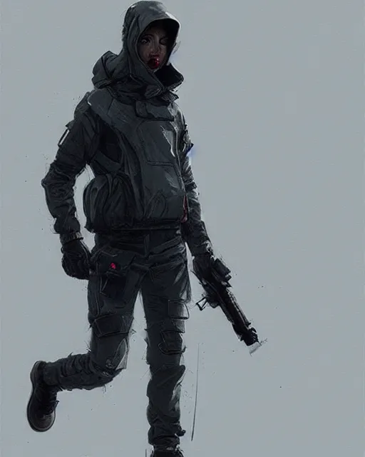 Image similar to Medium shot of a character wearing techwear in the style of greg rutkowski