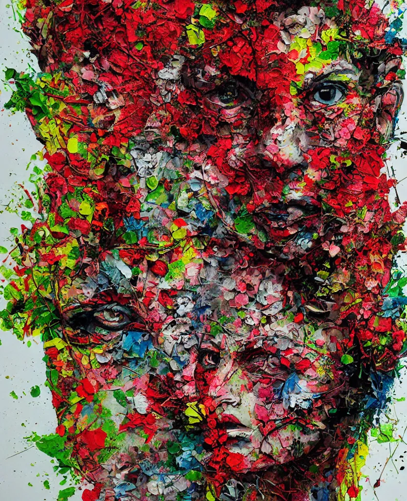 Image similar to illustration, gouache impasto of human face, blossoms, intricate, by artur bordalo