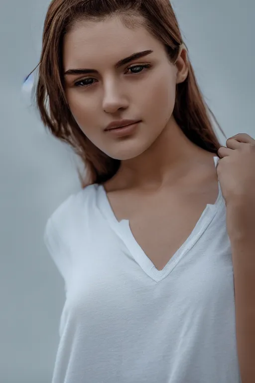 Prompt: 2 4 year old female model, wearing white v - neck top, neck zoomed in, photo realistic, extreme detail skin, no filter, slr, golden hour, 4 k, high definition, ecommerce photograph