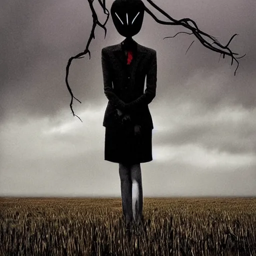 Image similar to slenderman, tan by elliott erwitt, by martin wittfooth aesthetic, highly detailed. a land art of a woman standing in a field of ashes, her dress billowing in the wind. her hair is wild & her eyes are closed, in a trance - like state. dark & atmospheric, ashes seem to be alive, swirling around.