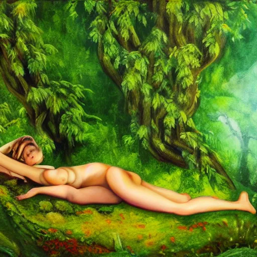 Prompt: a beautiful painting of a female laying down in a green forest, dense moss, lovely vines, watercolors
