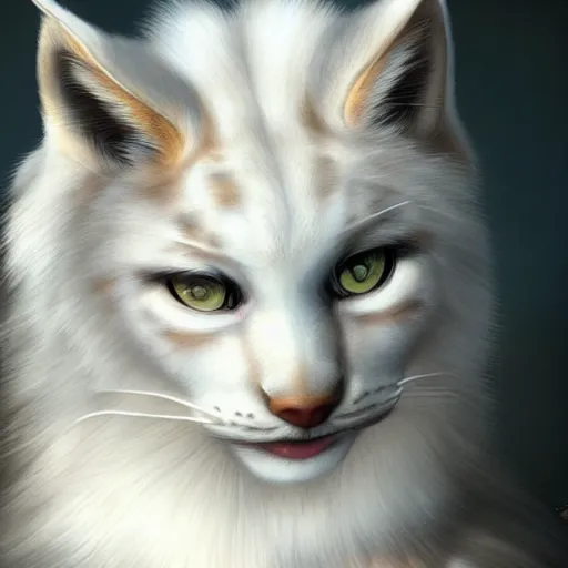 Image similar to beautiful realistic portrait of white anthropomorphic lynx cat by artgerm, furry fantasy art