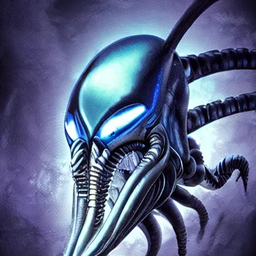 Image similar to a xenomorph looking menacingly at the camera, dramatic blue lighting