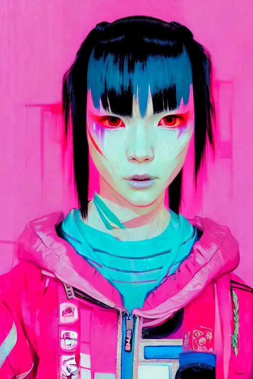 Image similar to portrait of a stylized japanese cyberpunk girl, wearing a bomber jacket, painted in acrylic, pigment textures, in the colors hot pink and cyan, beautiful realistic face, rule of thirds, spotlight, by greg rutkowski, by jeremy mann, by francoise nielly, by van gogh, by ross tran, in focus