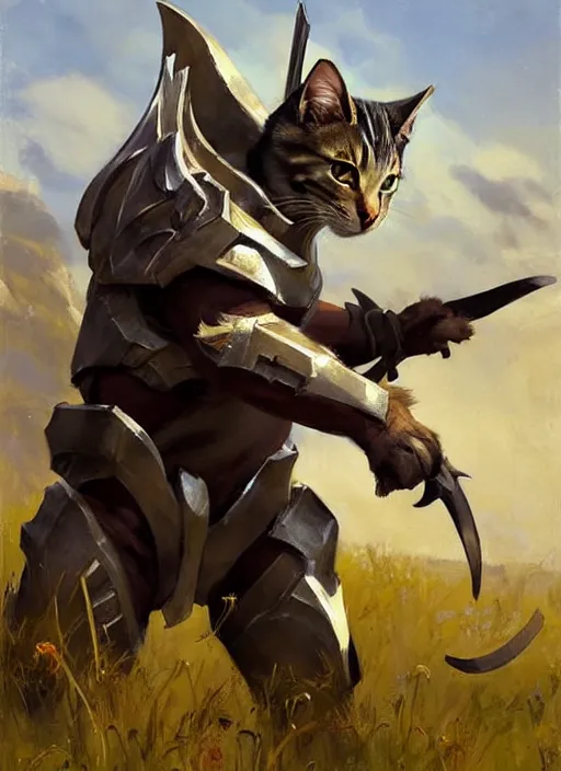 Image similar to Greg Manchess painting of a Cat Charr from Guild Wars 2 wearing Forerunner Armor from Halo, countryside, calm, fantasy character portrait, dynamic pose, above view, sunny day, artwork by Jeremy Lipkin and Giuseppe Dangelico Pino and Michael Garmash and Rob Rey, very coherent asymmetrical artwork, sharp edges, perfect face, simple form, 100mm