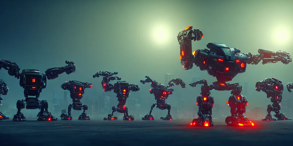 Image similar to an army of evil, malevolent, giant robot mechanical owls surrounded by computers and computer screens. this 4 k hd image is trending on artstation, featured on behance, well - rendered, extra crisp, features intricate detail and the style of unreal engine. volumetric lighting octane render