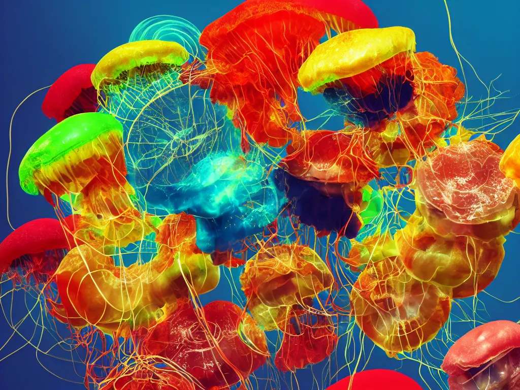 Image similar to hamburger mix jellyfish, sharp focus, 8 k, cg, style by andy warhol,