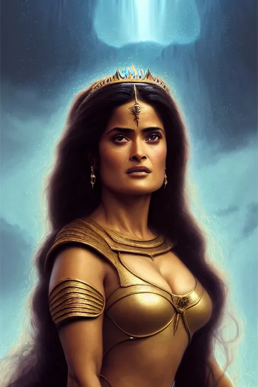 Image similar to salma hayek as a princess of eternal beauty and grace, face portrait, raphael lacoste, eddie mendoza, alex ross, concept art, matte painting, highly detailed, rule of thirds, dynamic lighting, cinematic, detailed, denoised, centerd