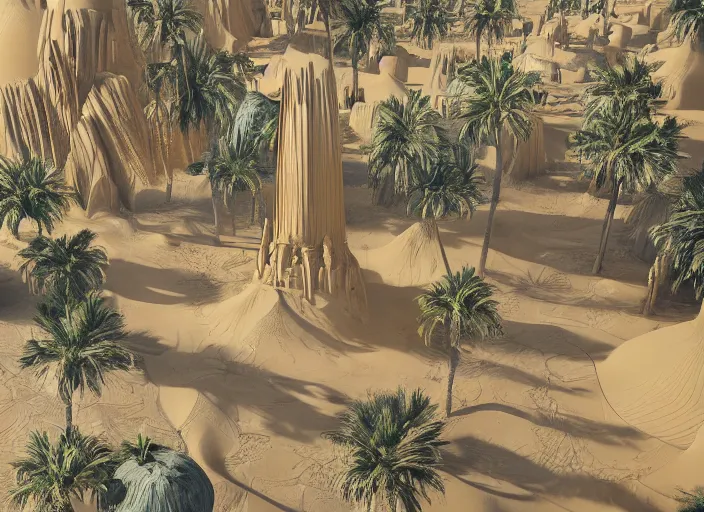 Prompt: cover concept art of the lost sand city, levitating rock piles, golden towers, golden pillars, palm trees, space and time, floating objects, post-processing, in the style of Hugh Ferriss, Behance, Artgerm. High detail, ultra realistic render, octane, 3D, photorealism, symmetric, cinematic from the umbrella academy