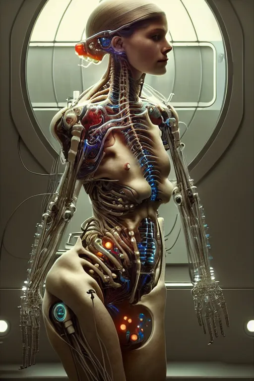 Image similar to ultra realistic, a beautiful cyborg woman's nervous system and organs are spread over a lab table, sci - fi, intricate details, eerie, highly detailed, octane render, 8 k, art by artgerm and alphonse mucha and greg rutkowski