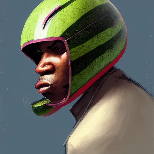 Image similar to side portrait of a goofy looking black guy with a watermelonmelon fruit helmet that covers only the top of his head by greg rutkowski