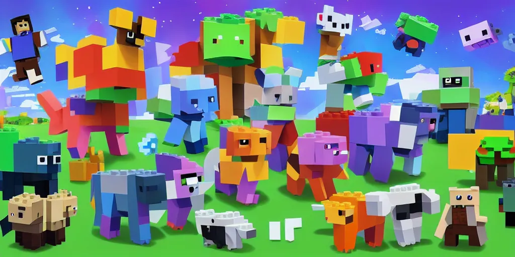 Image similar to small creatures made of a single brick, four legged, big cute eyes, quadrupedal, cute looking, kawaii, sharp focus, character sheet, game concept art, blocky, lego mixels, flat toon style like katamari damacy inspired, pokemon inspired, blocky like minecraft