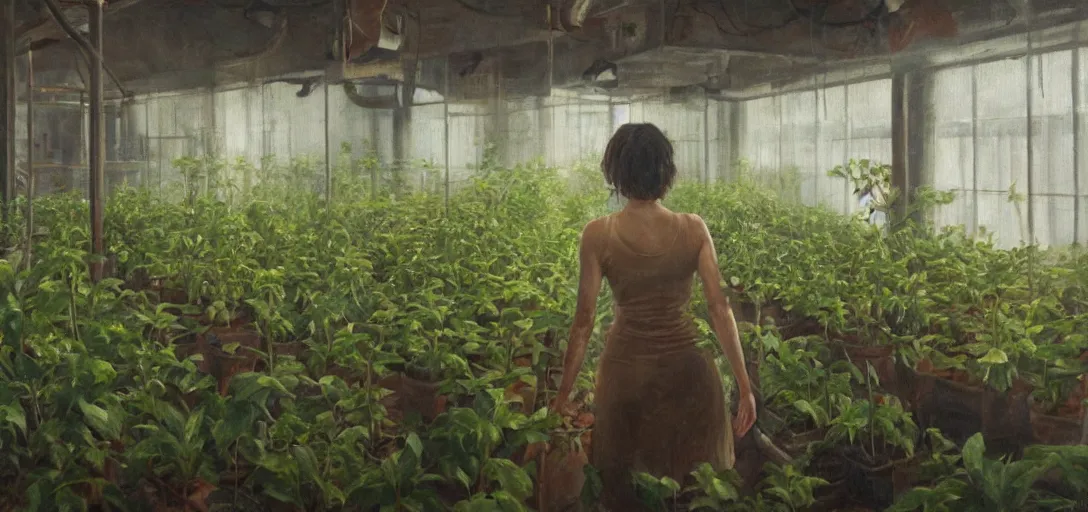 Prompt: gloomy Biopunk, organic oil painting of Alison Brie cultivating hydroponic plants, wide shot, indoors