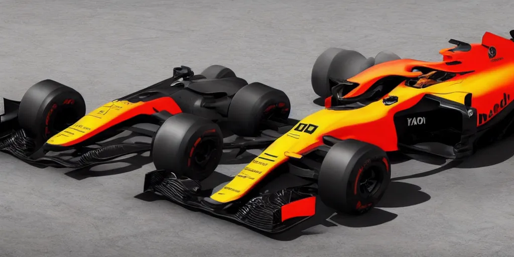 Prompt: McLaren MCL34 F1 car 2021 with Ford Mustang GT 2021 front design. No background, concept art style.