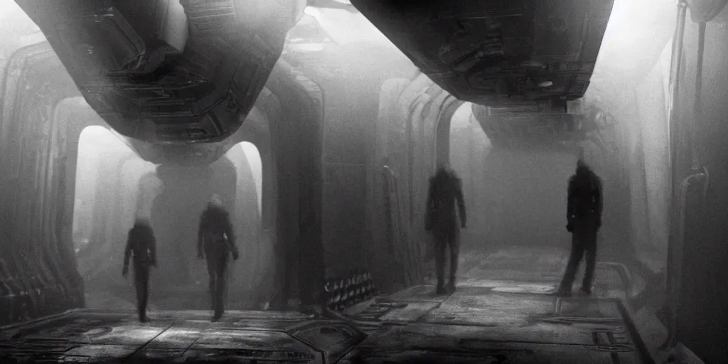 Image similar to a tight shot of a dark Alien ship interior corridor by Ridley Scott with lots of steam, Aliens movie, grainy, moody, dark, bleak