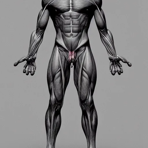 Image similar to monster with gleaming eyes, anatomically accurate model of the full human muscular system, full body, intricate parts, fine details, hyper - realistic