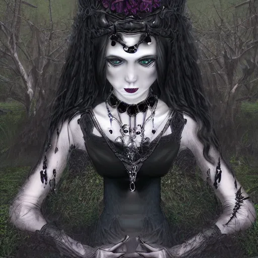 Image similar to A portrait of a Gothic goddess of horror jewels in an empty land, dark and mysterious, lively atmospheric, cinematic, 8k, 4k, ultra detail, ultra-realistic, rendered by DeviantArt