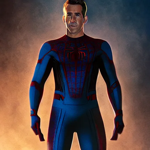 Image similar to ryan reynolds as spider - man, wearing a black and blue suit, cinematic, volumetric lighting, f 8 aperture, cinematic eastman 5 3 8 4 film, photorealistic by greg rutkowski, by stanley artgerm, by alphonse mucha