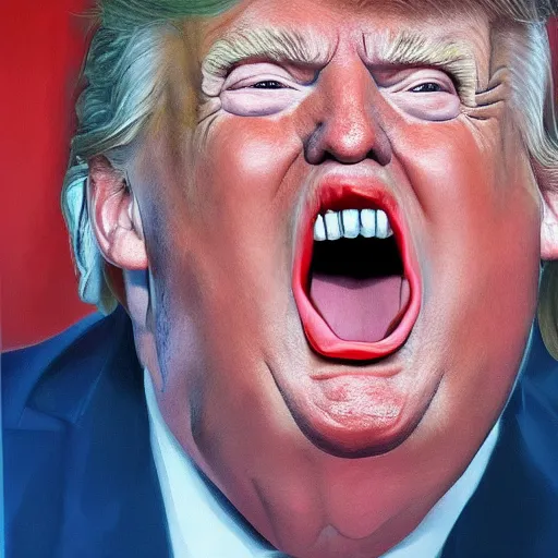 Prompt: Hyperrealistic portrait of sweaty Donald Trump with mouth wide open and spittle spraying, very detailed, 8k, portrait, oil painting