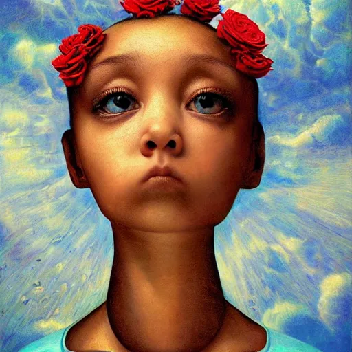 Prompt: hyperrealistic expressive! robot, small, young, cute, large expressive eyes, biped, holding a rose, concept art masterpiece brad kunkle hannah yata dramatic blue light low angle hd 8 k sharp focus