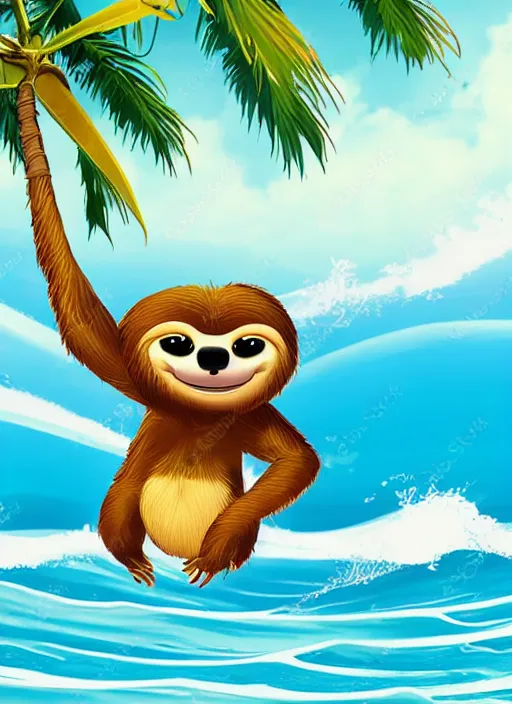 Image similar to disney pixar animation of a sloth riding a surfboard in tropical background waves palm trees, sandy beach