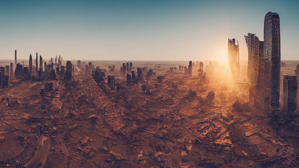 Prompt: city on mars, sunlight, f - stop, high quality photography,