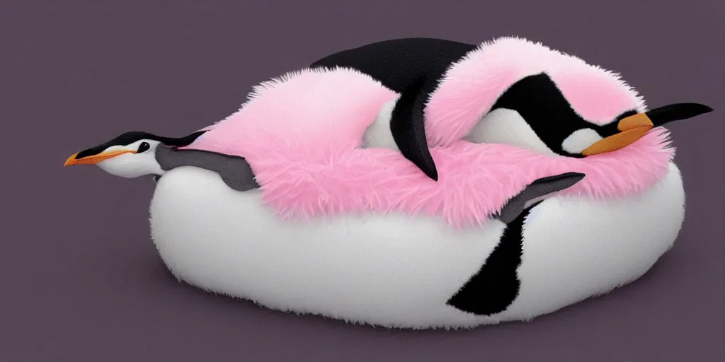 Prompt: realistic penguin sitting in an pink fluffy bed waving, hyper detailed, trending on artstation