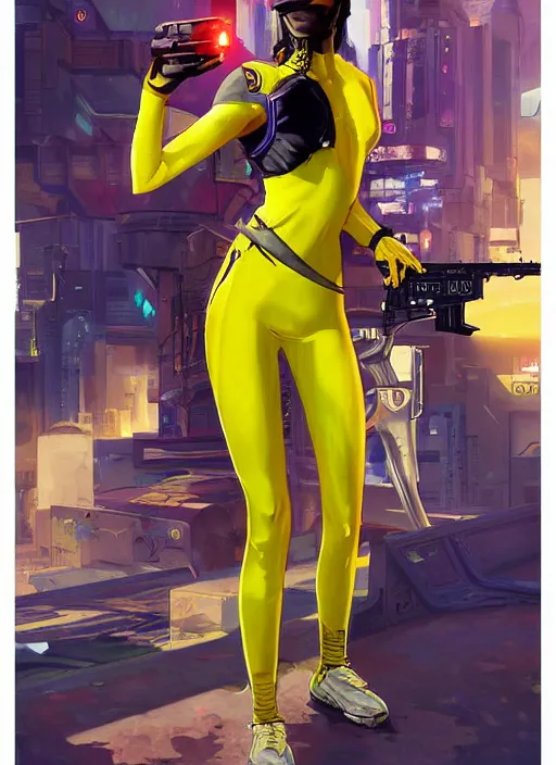 Image similar to beautiful cyberpunk female athlete in yellow jumpsuit. cyber chick firing a futuristic red automatic pistol with huge magazine. ad for pistol. cyberpunk poster by james gurney, azamat khairov, and alphonso mucha. artstationhq. gorgeous face. painting with vivid color, cell shading. ( rb 6 s, cyberpunk 2 0 7 7 )