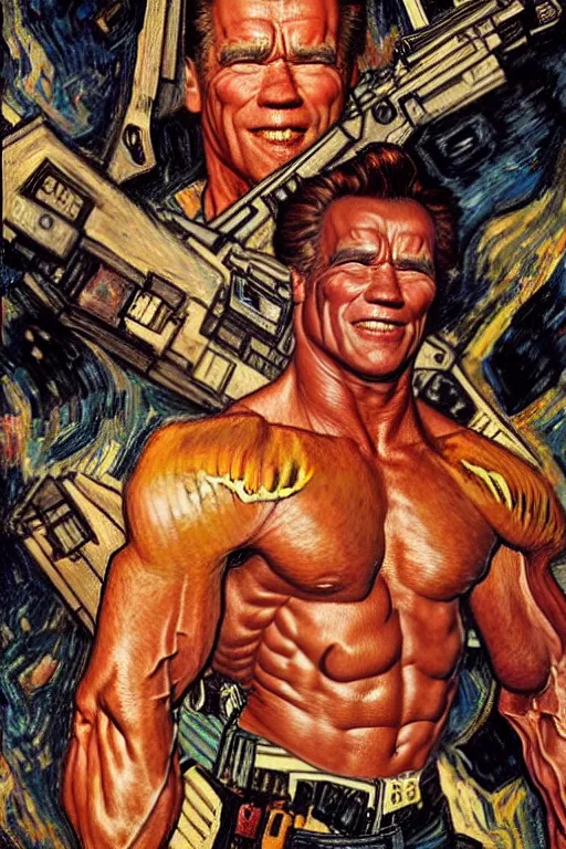 Image similar to character art the contra, bill rizer, arnold schwarzenegger, by karol bak, jean deville, gustav klimt, and vincent van gogh