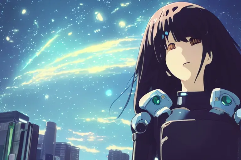 Prompt: makoto shinkai. robotic android girl. futuristic cyberpunk. dystopia. vibrant nebula sky. black shirt