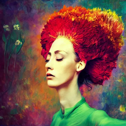 Image similar to giant flower head, woman in a luxury apartment, surreal photography, dramatic light, impressionist painting, digital painting, artstation, van gogh