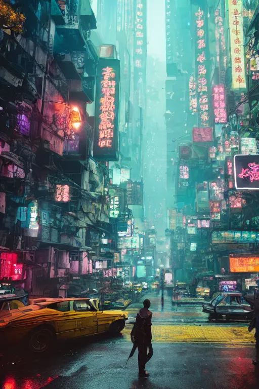 Prompt: cinematic photo of ancient overgrown cyberpunk hong kong with cars and people, flying cars in the sky, holograms, night, rain, flowers, beautifully lit, hyperdetailed, unreal engine, photorealistic, denis villeneuve film look, blade runner set